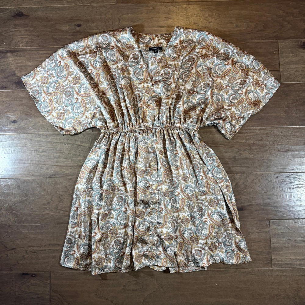 Mittoshop Womens Paisley Boho Mini Dress V-Neck Kimono Sleeve Elastic Waist S